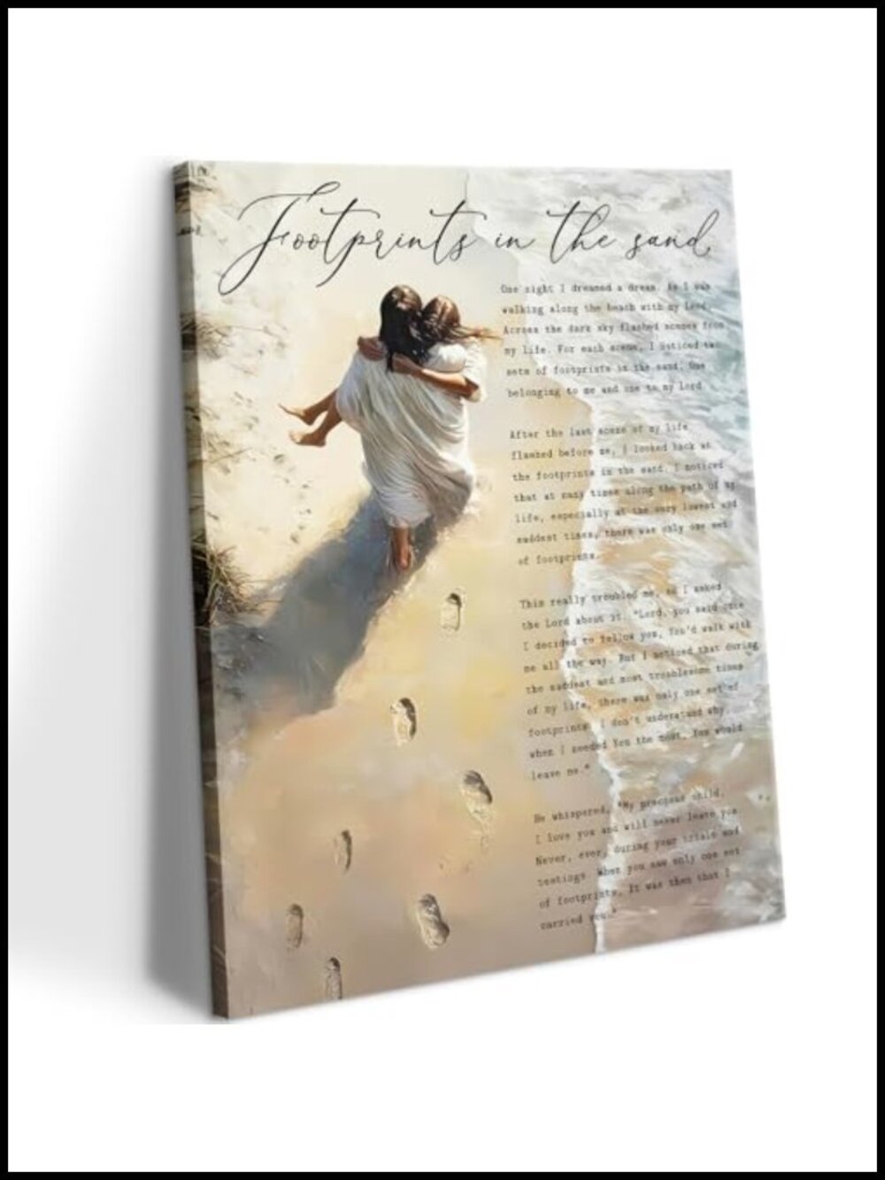 Jesus Holding Woman Footprints in the Sand Canvas Wall Art 8x10 Religious Decor